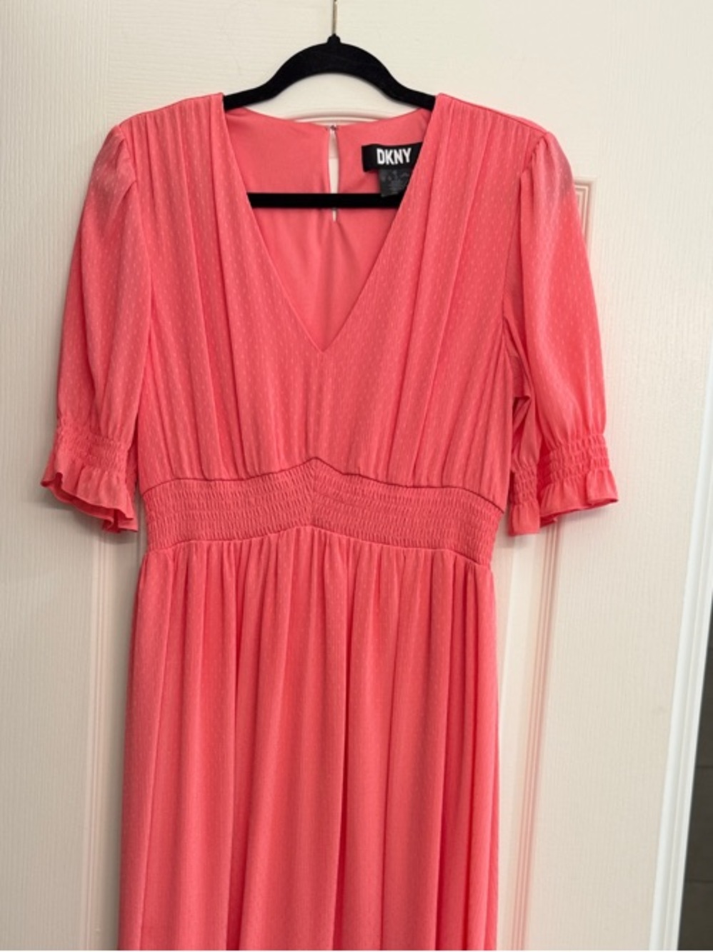 DKNY Coral-Pink V-Neck Midi Dress with Smocked Waist